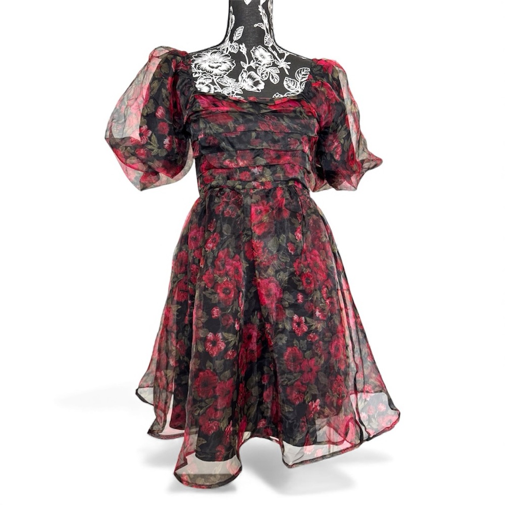Black Red Floral Puff Sleeve Dress Ruched Square Neck Entro Medium NWT